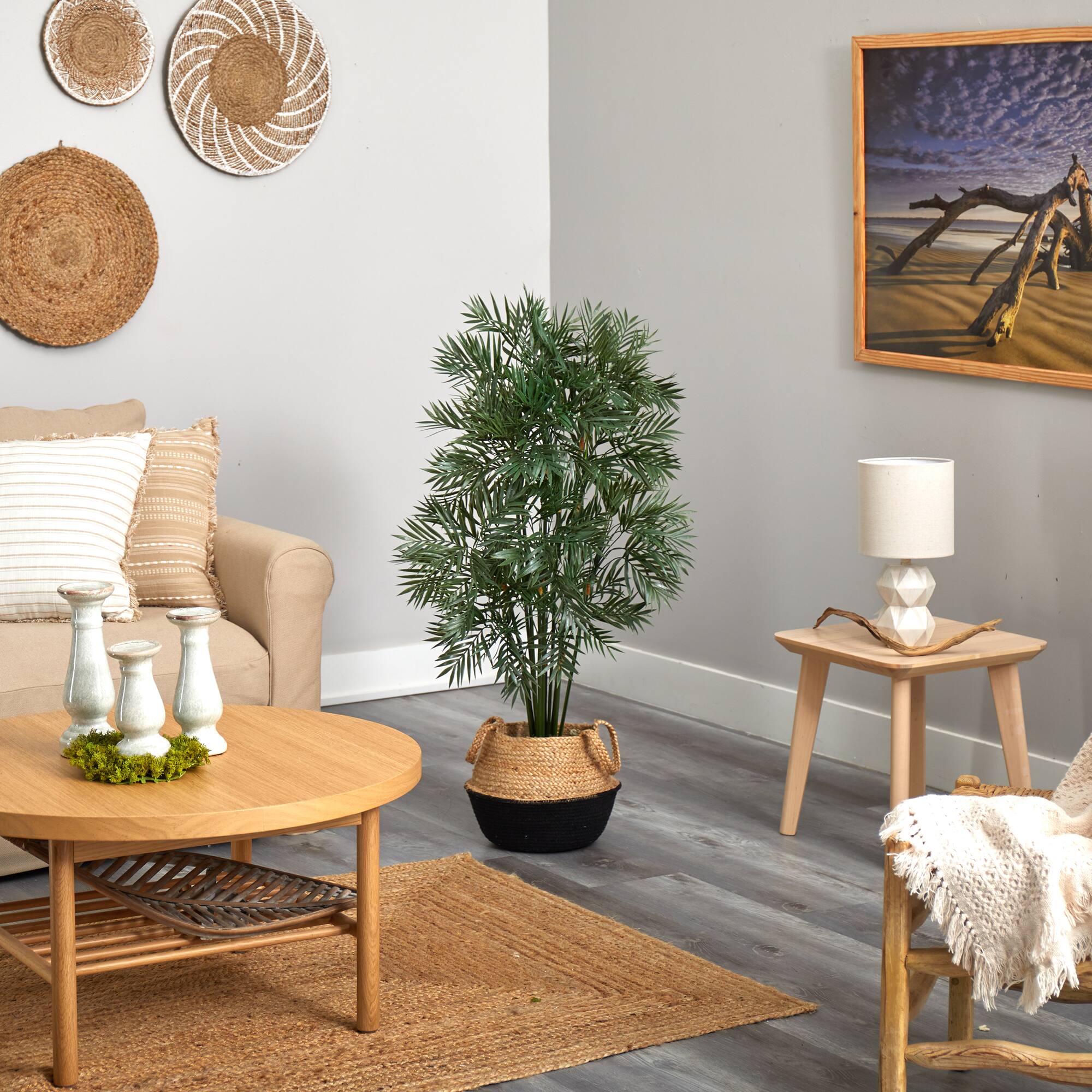 4ft. Parlor Palm Artificial Tree in Boho Chic Handmade Cotton & Jute Black Woven Planter